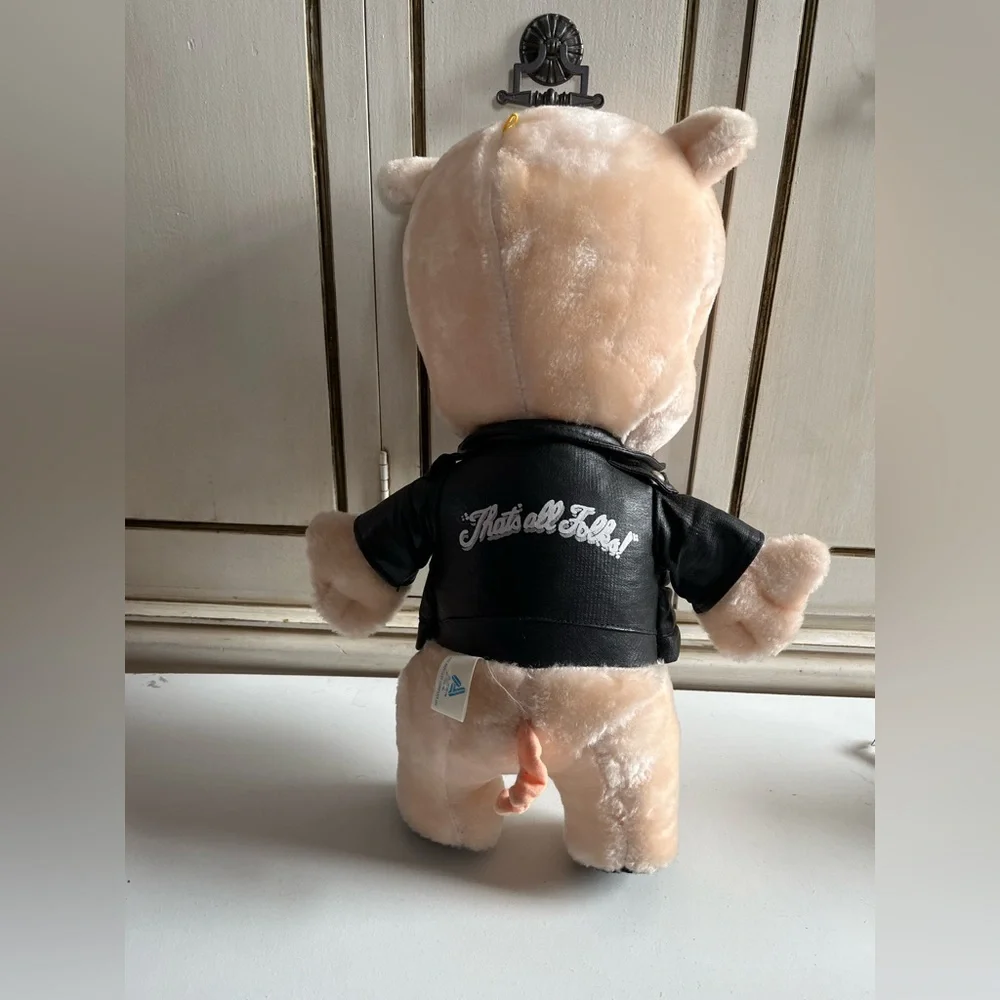 Vintage Warner Bros. Porky Pig Faux Leather Jacket 1994 Plush stuffed animal